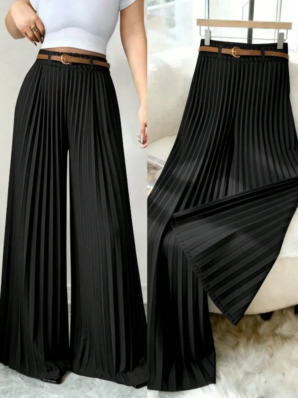 Black Elegant Women's Minimalist Pleated Casual Pants - Picture 1 of 7